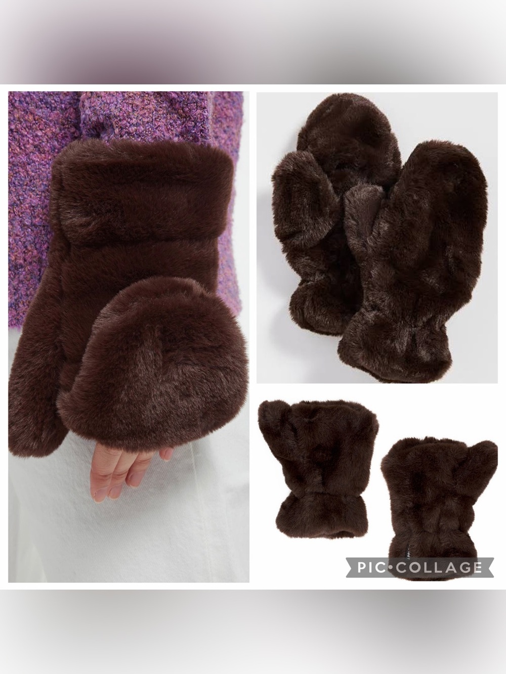 NWT new free people apparis Faux Fur Mittens magnetic closure fingerless Brown
